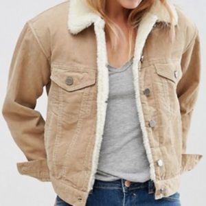 ASOS Cord Jacket With Fleece Collar in Stone